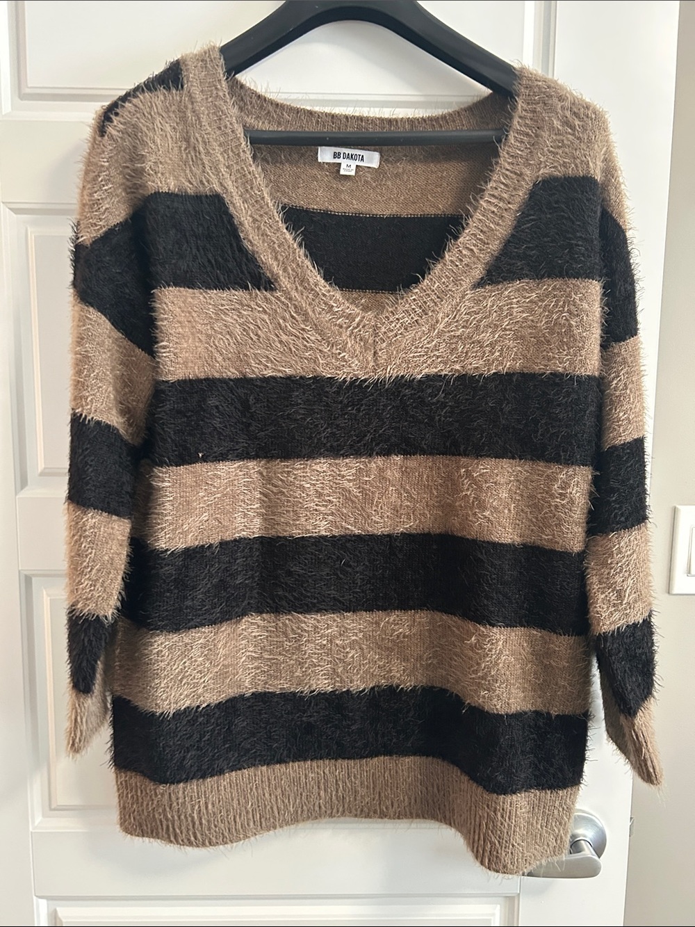 BB Dakota Striped V-Neck Eyelash Sweater in Tan and Black
